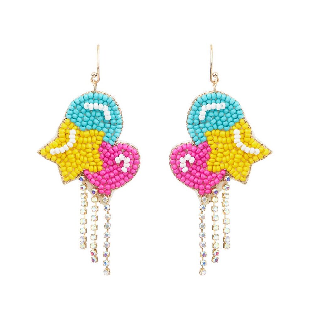 Seed Beaded Rhinestone Fringe Star Balloon Dangle Earrings